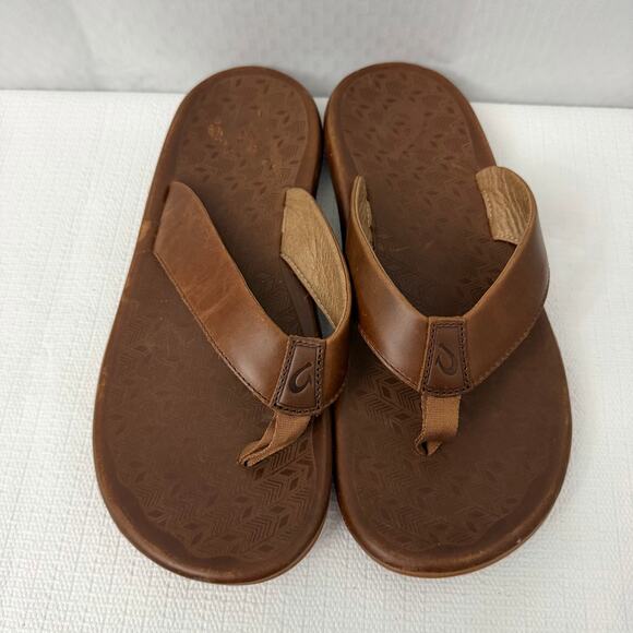 OluKai Sandals Mens Size 12 Ilikai Flip Flop Toffee Brown Leather Slip On Beach main image 8